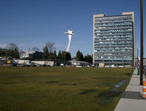 Elizabeth Caruthers Park with Tram in background